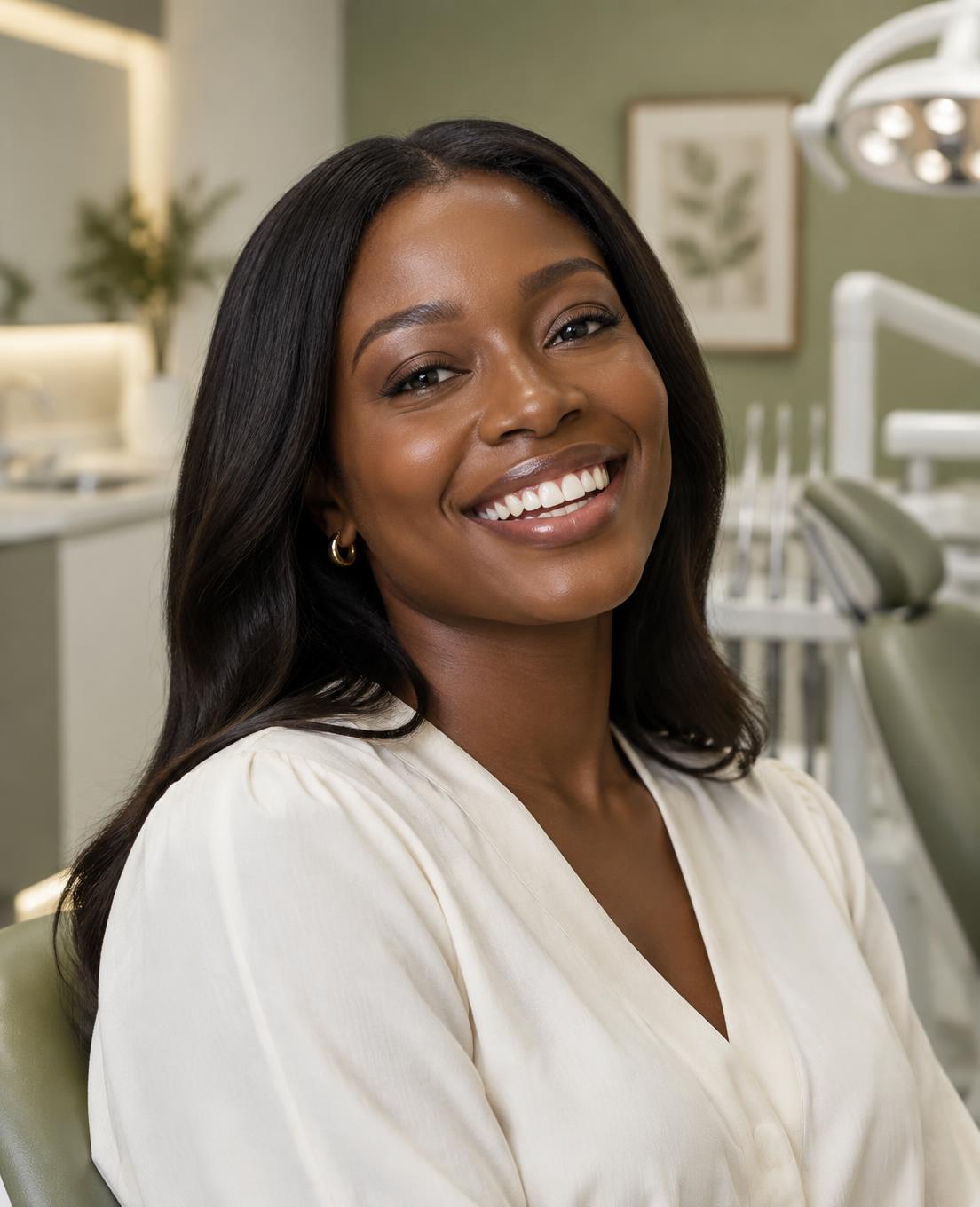 Concept portrait of a smiling Nigerian woman in a dental setting